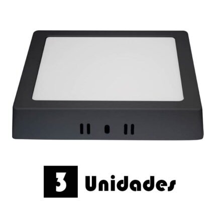 Kit 3 Plafon Led Sobrepor Qua Preto Branco Quente 12w 17x17