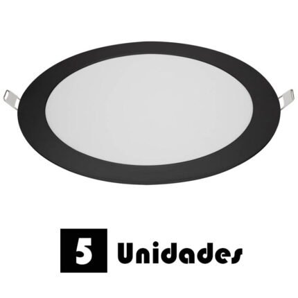 Kit 5 Plafon Led Emb Redondo Preto Branco Quente 18w 22x22