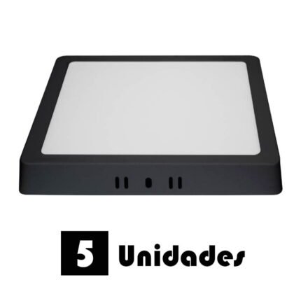 Kit 5 Plafon Led Sobrepor Quadrado Preto 3000k 18w 22x22